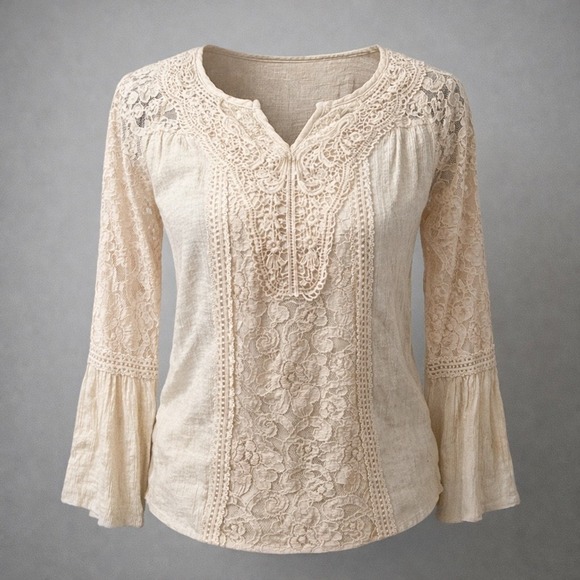 Westport Tops - Westport Womens Cream Lace Bell Sleeve Boho Blouse Small Crinkle Split Neck Top